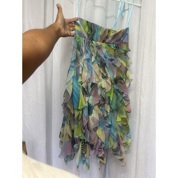 VTG Y2K 90s Fairycore cache Floral Asymmetrical Dress Beaded Strapless Sz 2 - Picture 11 of 14